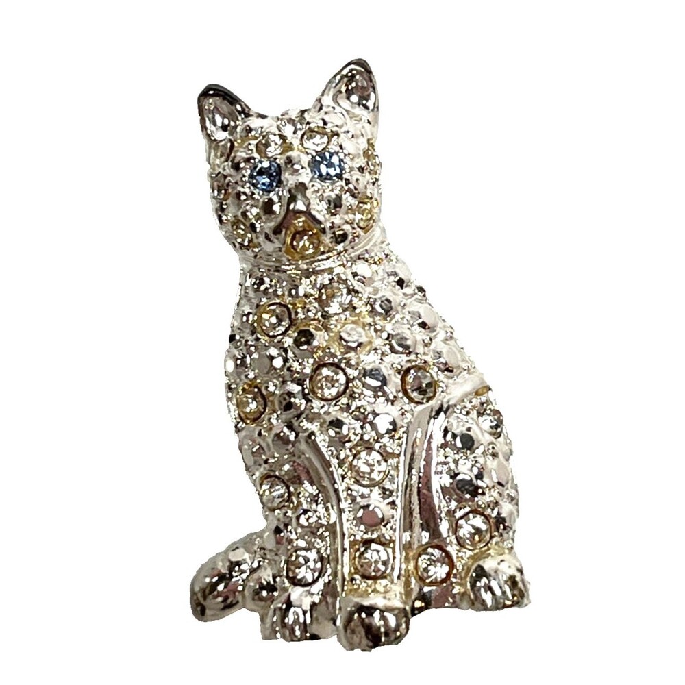 Rhinestone Kitty Cat Pin Brooch Silver Tone Blue Eyes Gold Colored Accents Vtg